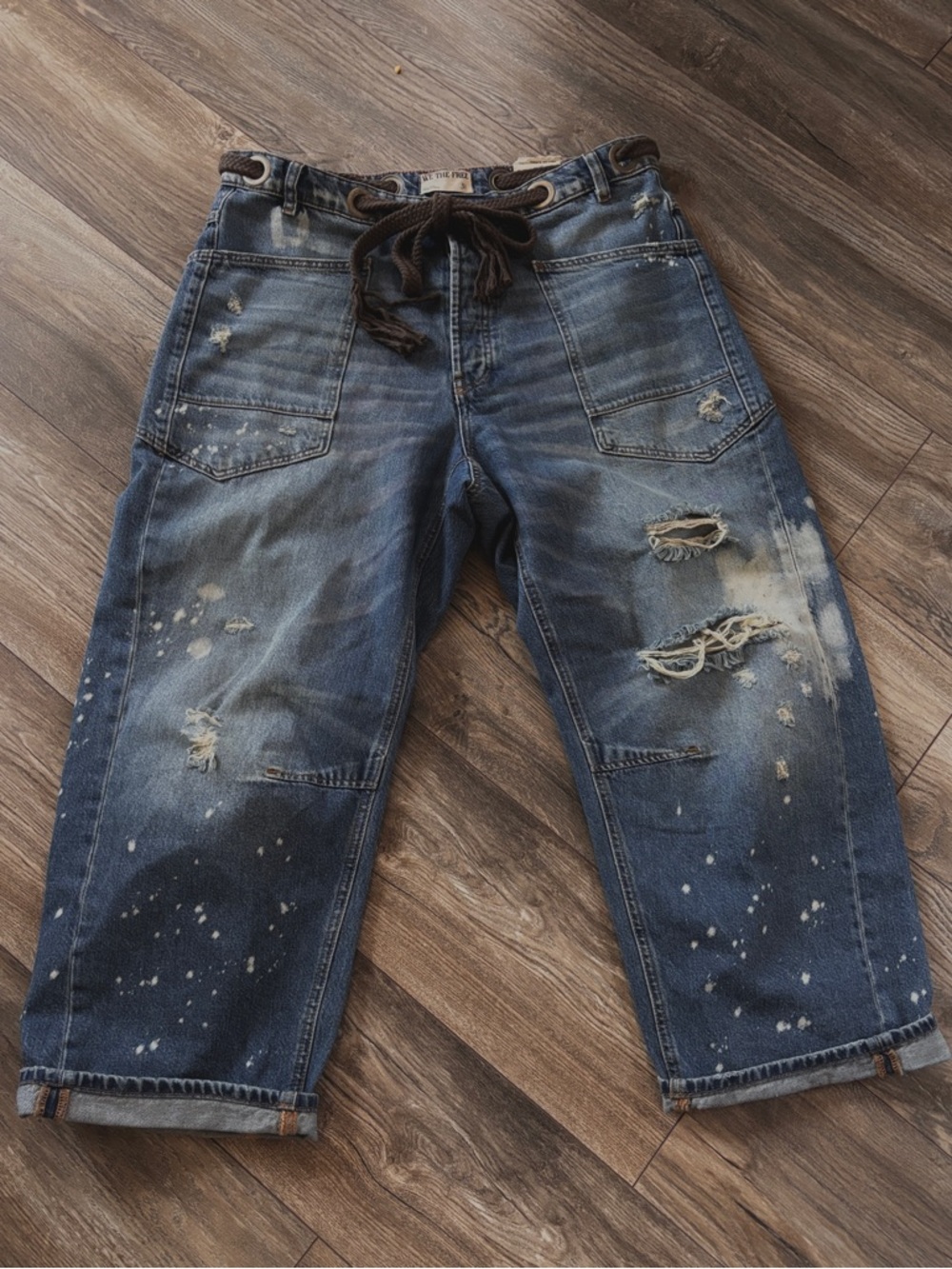 We The Free Distressed Blue Relaxed Women’s Barrel Jeans with Drawstring